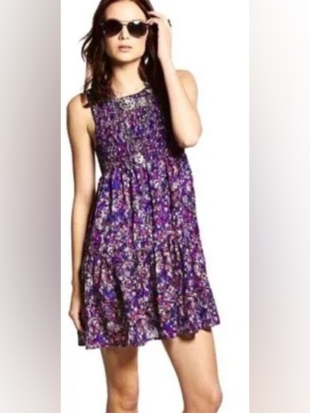 PRINCESS VERA WANG Floral Smocked Babydoll Tiered Dress Purple Blue Ju…